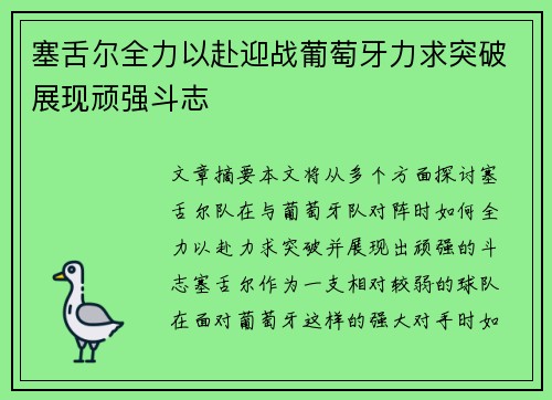 塞舌尔全力以赴迎战葡萄牙力求突破展现顽强斗志