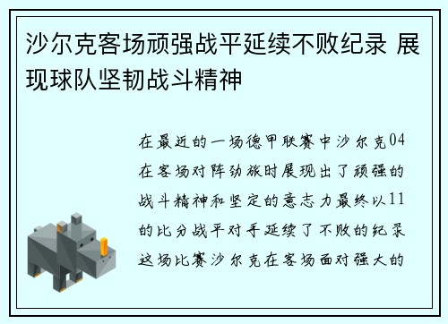 沙尔克客场顽强战平延续不败纪录 展现球队坚韧战斗精神
