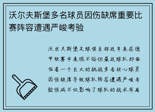 沃尔夫斯堡多名球员因伤缺席重要比赛阵容遭遇严峻考验